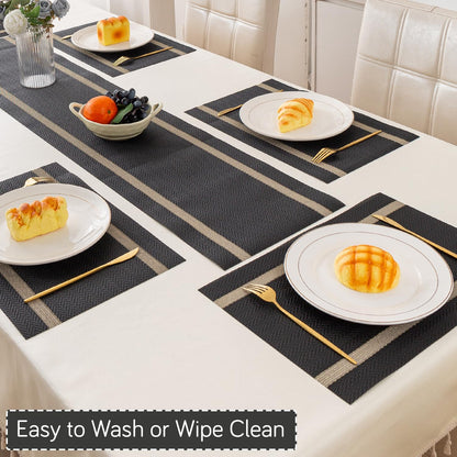 Chevron Stripes PVC Mats for Dining Table - Jet Black