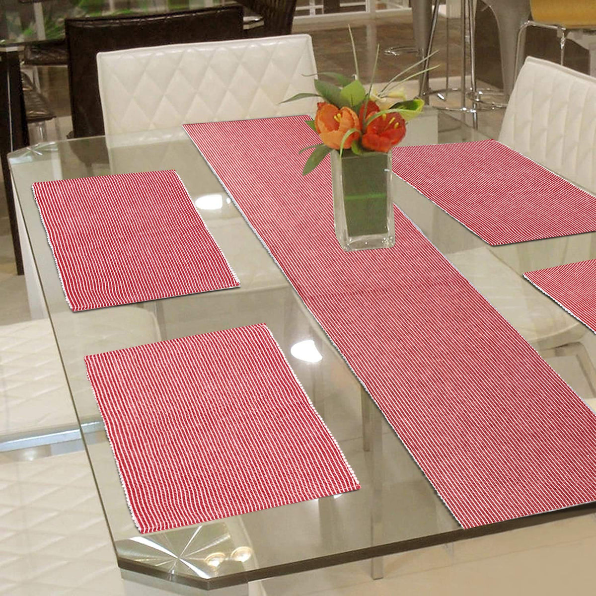 Ribbed Cotton Heat Resistant Dining Table Mat, Red
