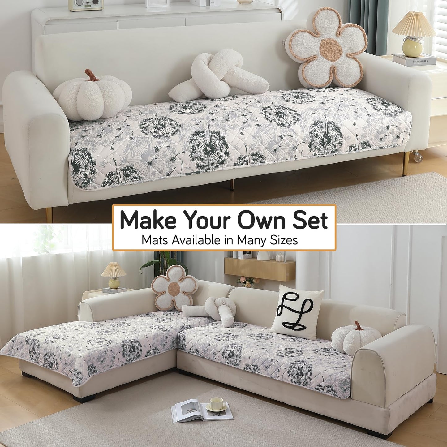 HOKIPO Quilted, Waterproof and Anti-Slip Sofa Cover Mat, Dandelion Anchor Grey