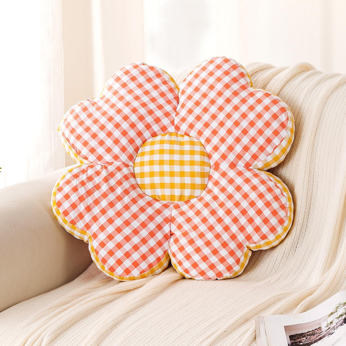 HOKIPO Checkered Daisy Flower Cushion for Sofa & Bed, 49 cm, Red
