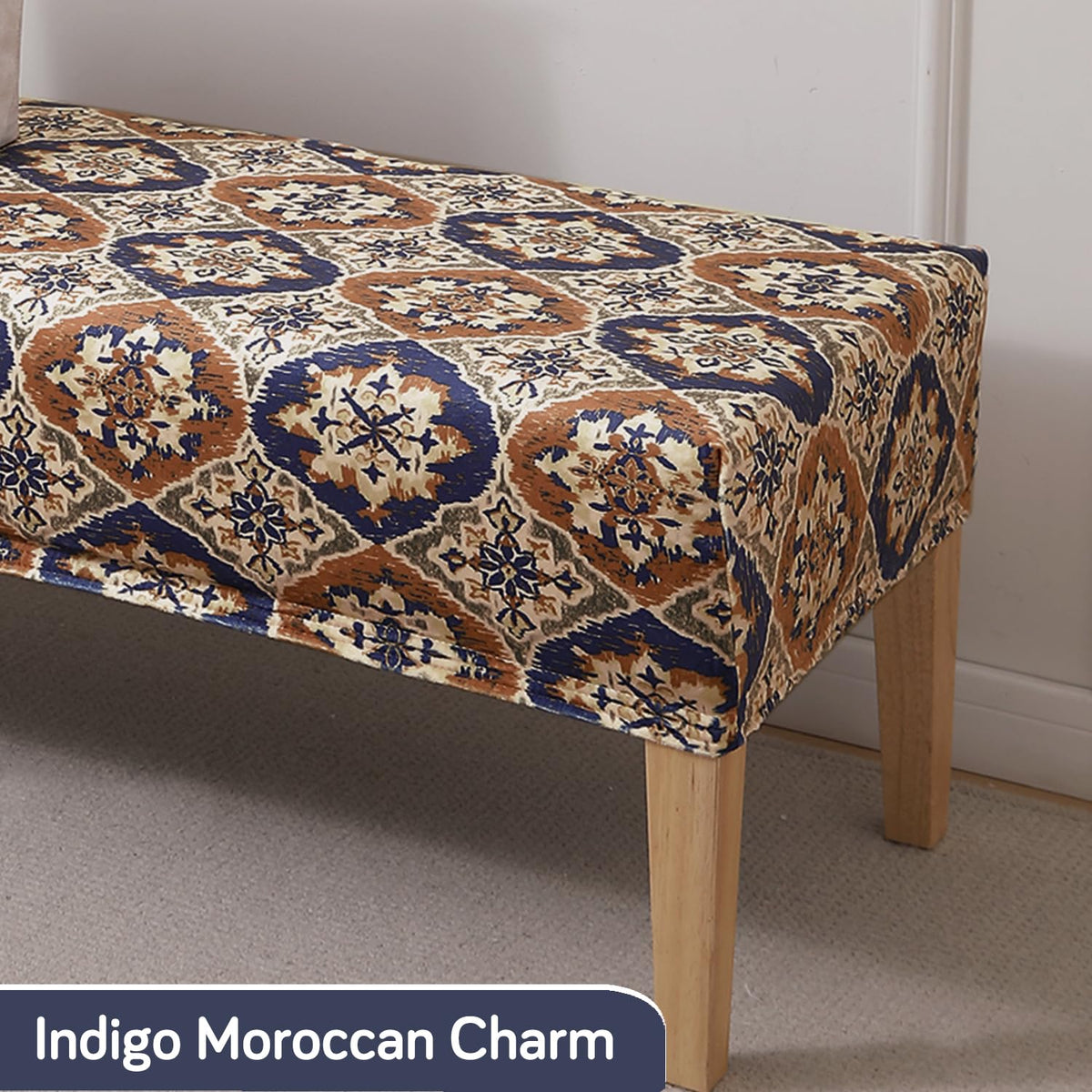 Premium Printed Velvet Dining Bench Cover, Indigo Moroccan Charm