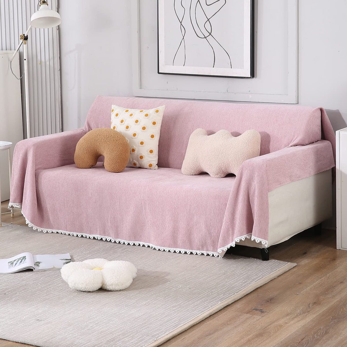 Chenille Sofa Couch Slipcover, Pink for 1/2/3 Seater