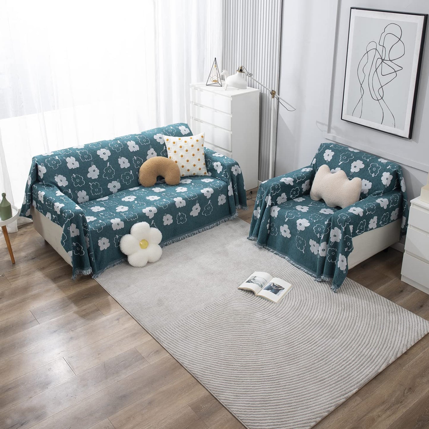 Thick, Soft and Pet Friendly Chenille Sofa Cover Throw, Teal Floral