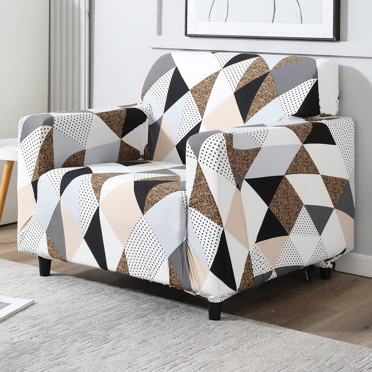 Grey Brown Geometric stretchable single sofa cover​