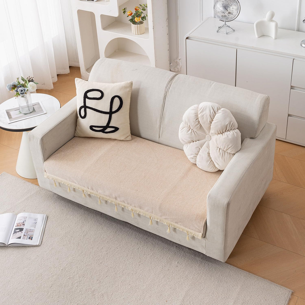 Serenity Tassel Chenille Sofa Cover with Tassel – Ivory Fringe