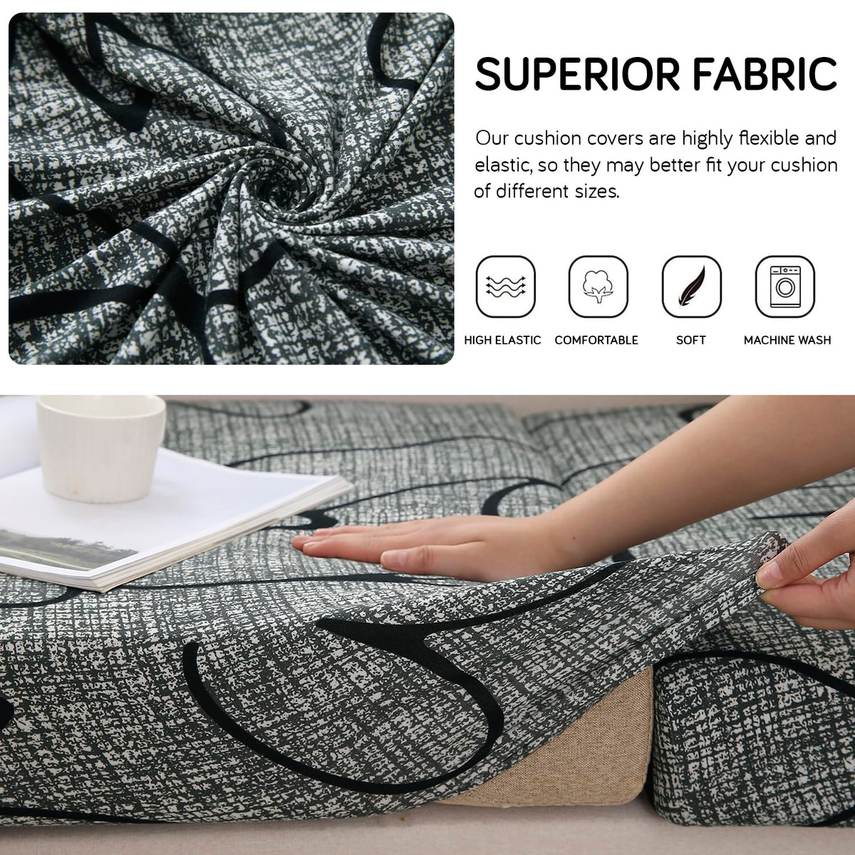 140 GSM Stretchable Printed Elastic Sofa Cushion Seat Cover for 1 /2 /3 Seaters / Pieces for Sofa, Intense Grey Abstract Floral
