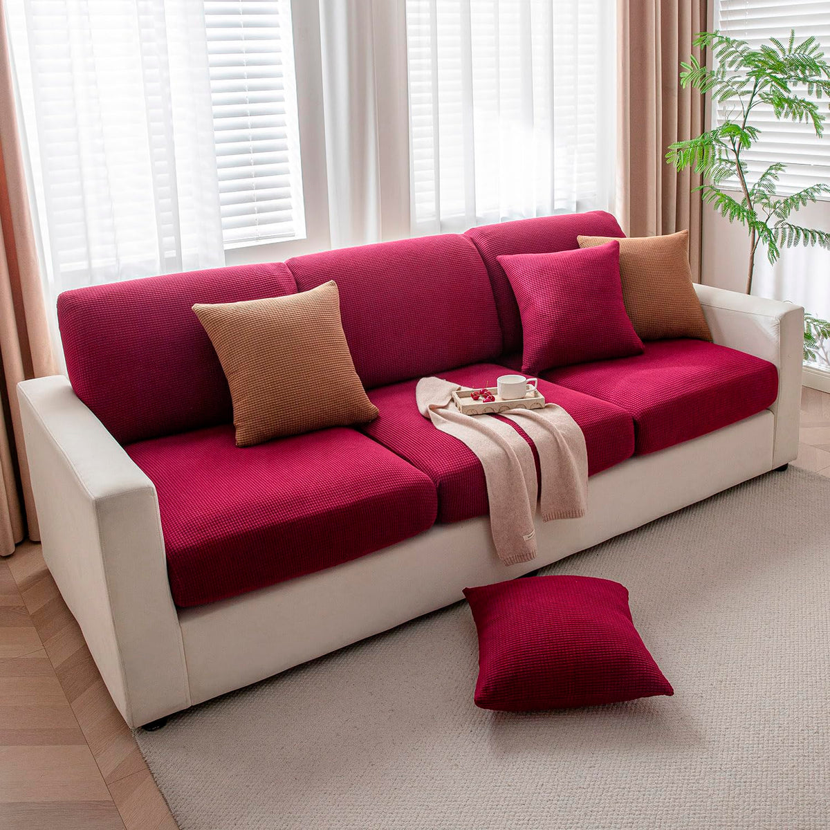Luxurious Maroon Colour Grid Jacquard Sofa Pillow Cover