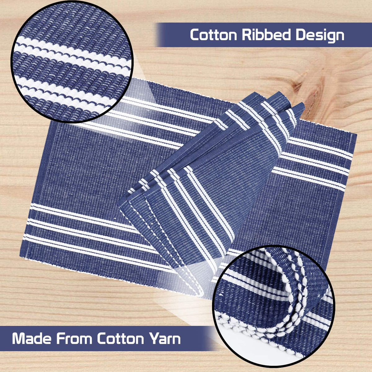 Ribbed Cotton Heat Resistant Dining Table Mat, Blue