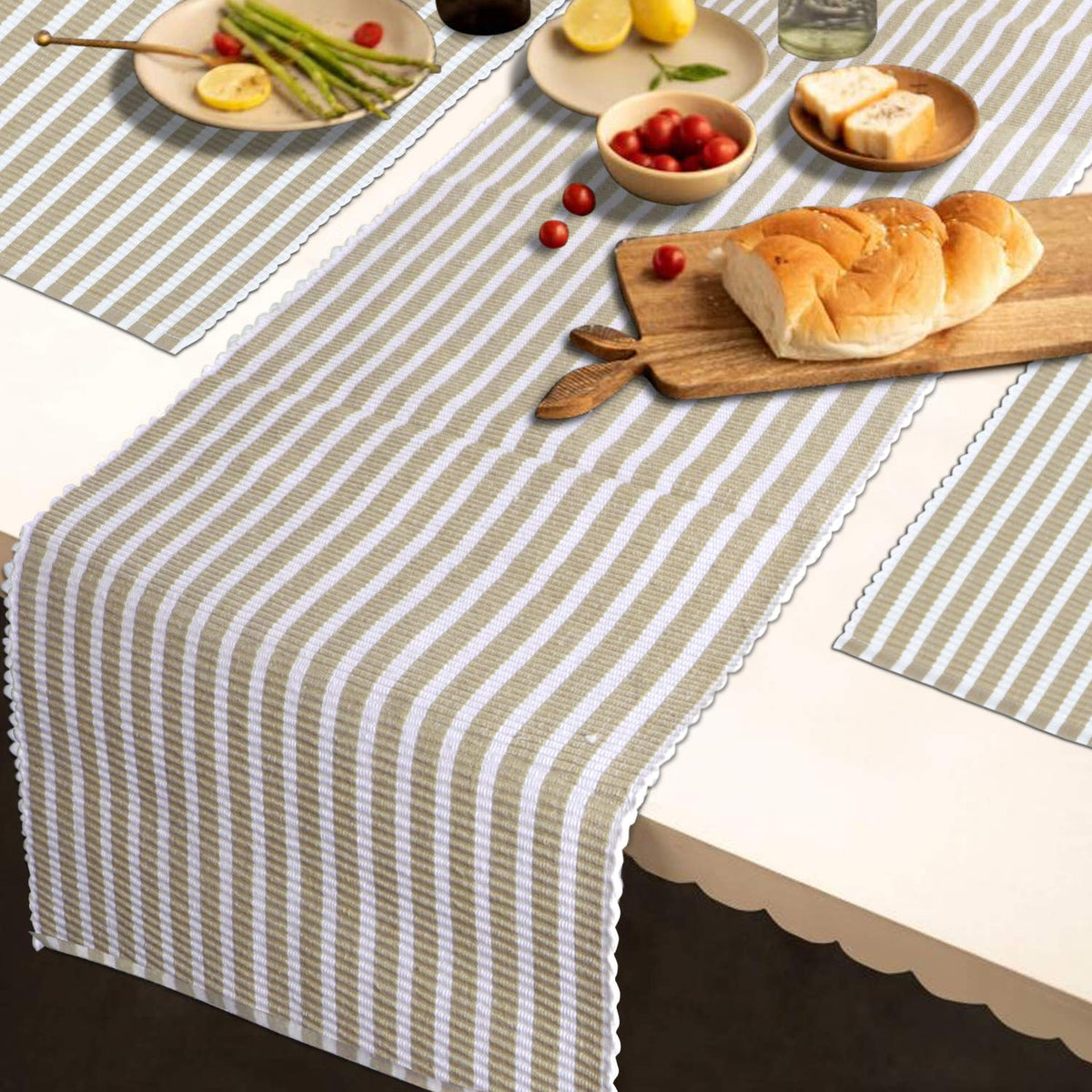 Ribbed Cotton Heat Resistant Dining Table Mat, Brown Striped