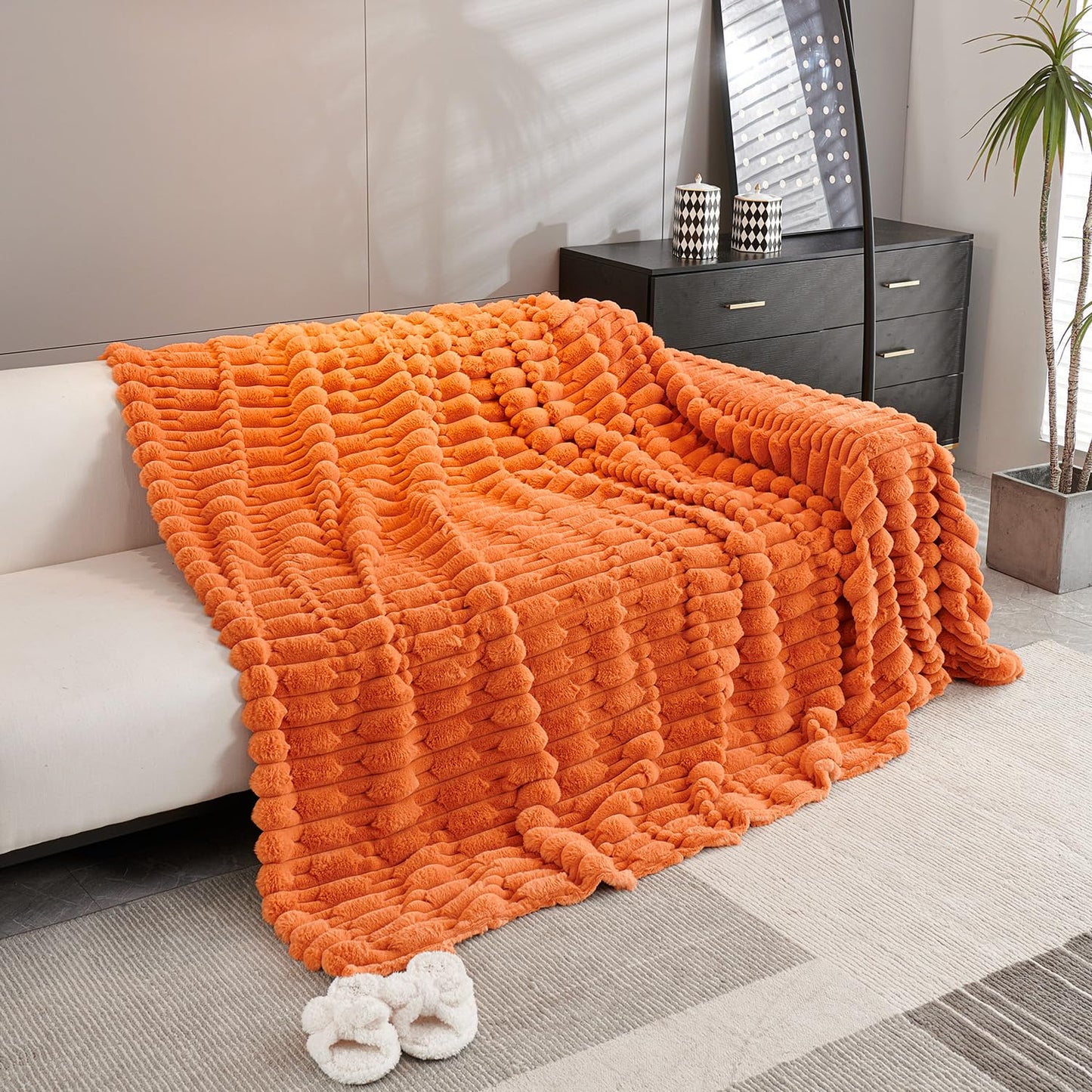 Luxury Waxy Faux Rabbit Fluffy Plush Sofa Throw, Amber Gold