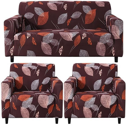 Elastic Stretchable Printed Sofa Cover, Dark Brown Leaf