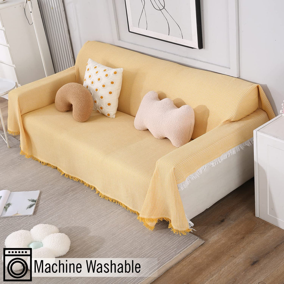 Yellow colour polycotton Three seater sofa throw of size 180(D)x300(L)
