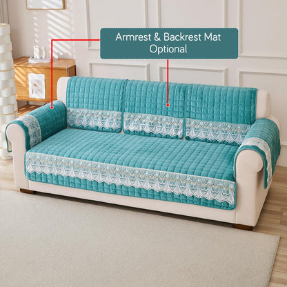 BelleLace Series Imperial Milk Velvet Sofa Cover Mat with Lace Design - Teal