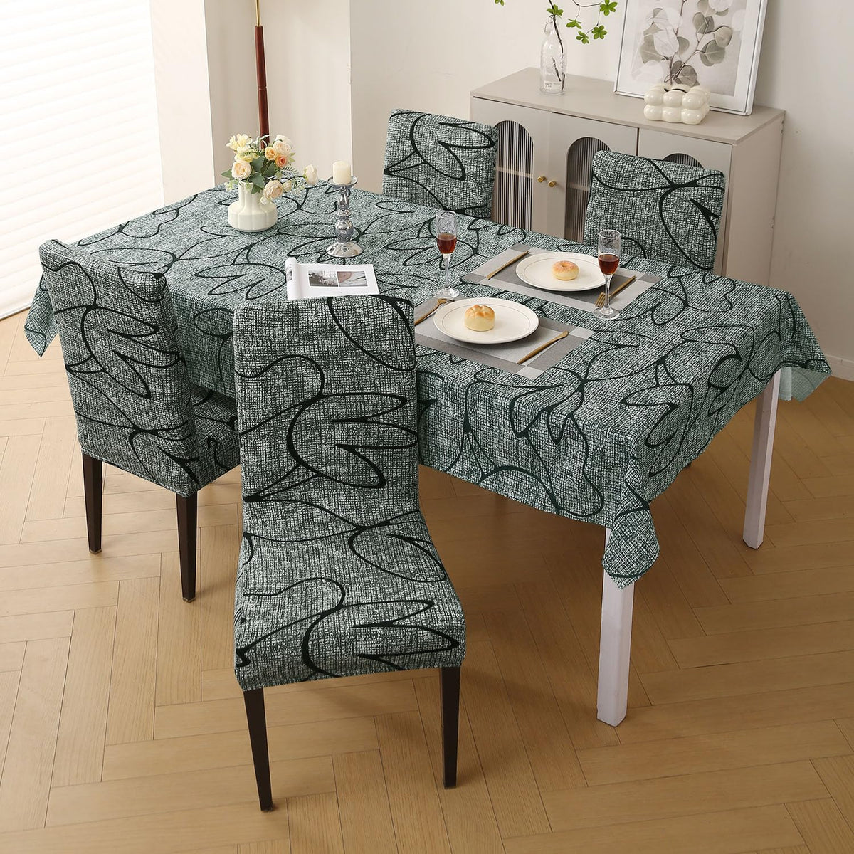 Elastic Dining Chair Covers with Matching Tablecloth, Intense Grey Abstract Floral