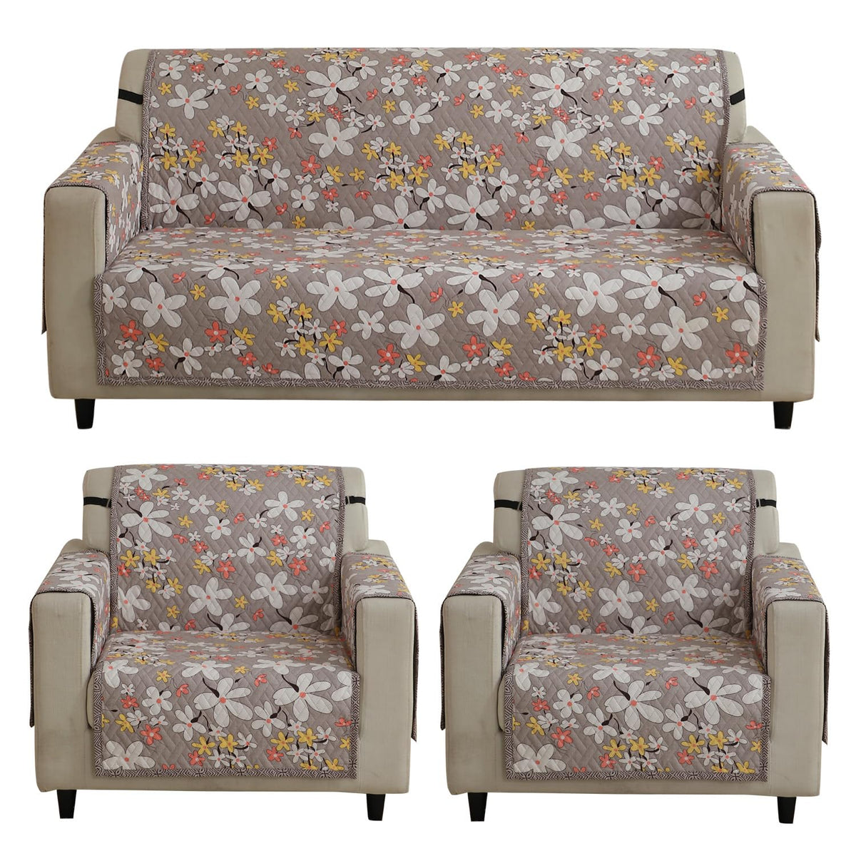 Quilted Sofa Cover with Pockets, Pastel Brown Sandwort Flower