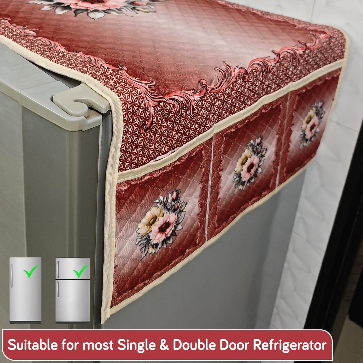 Eternal Floral Printed Quilted Fridge Top Cover with side Pockets - Crimson Bouquet