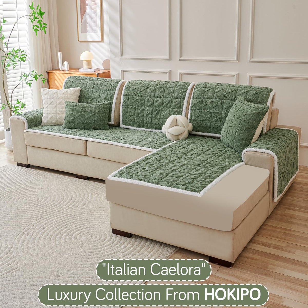Italian Caelora Luxury Jacquard Plush L Shape Sofa Cover Seat Mat - Sage Green
