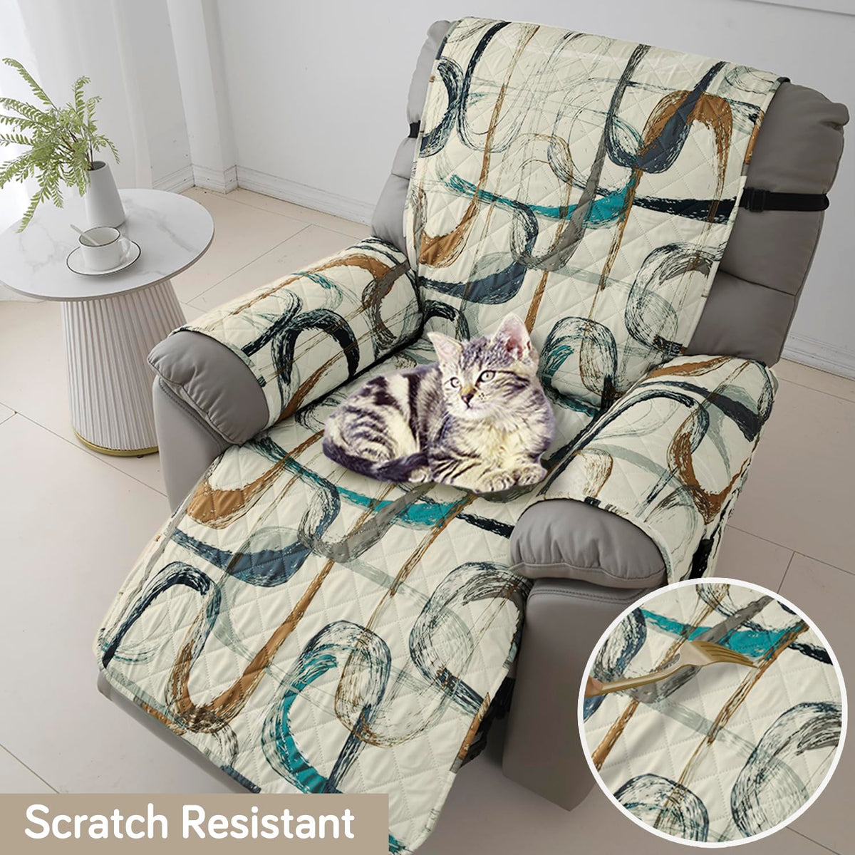 Quilted Recliner Water Repellent & Waterproof Cover for Small / Large - Parchement Beige Abstract Art