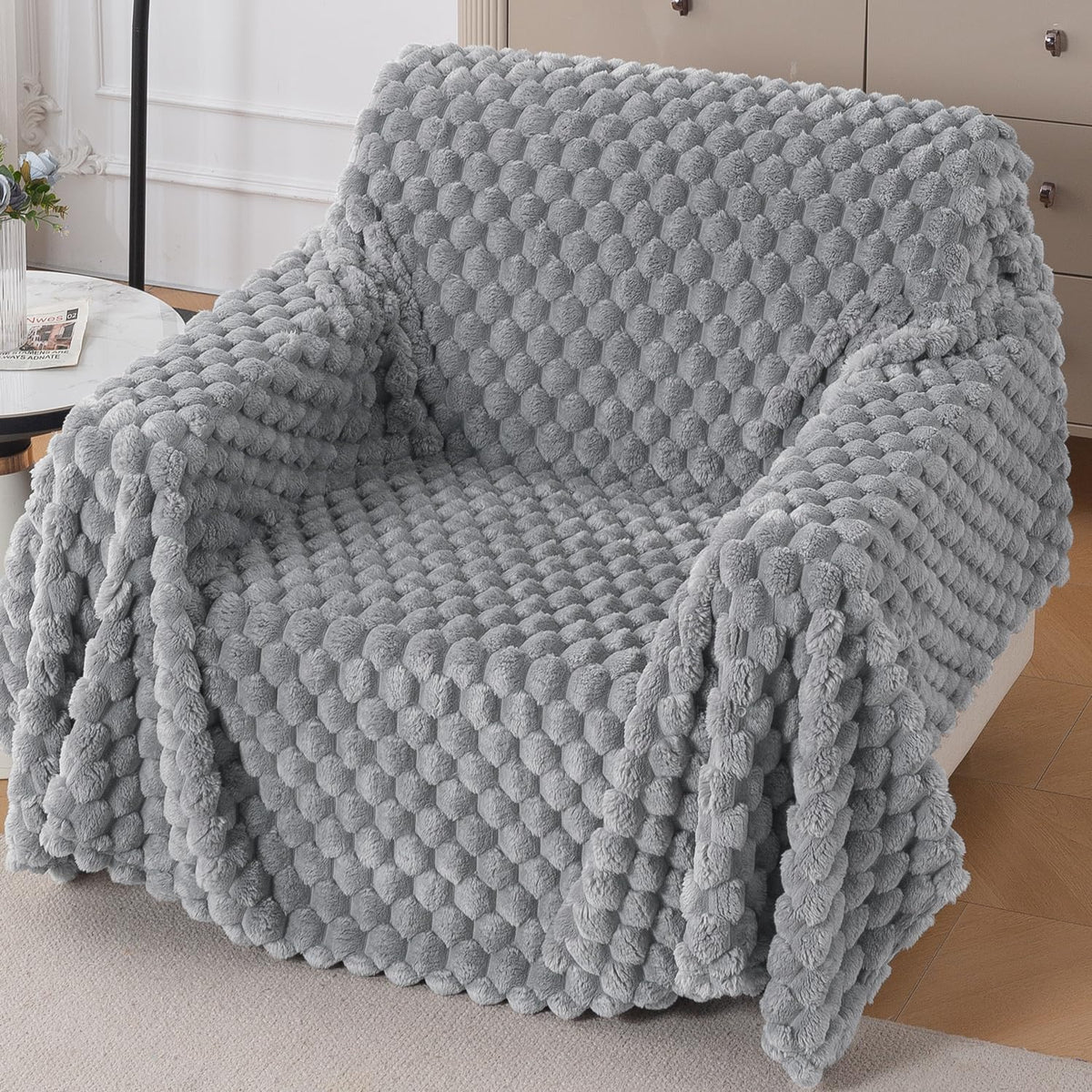 Luxury Rabbit Wool Plush Sofa Throw, Moon Grey