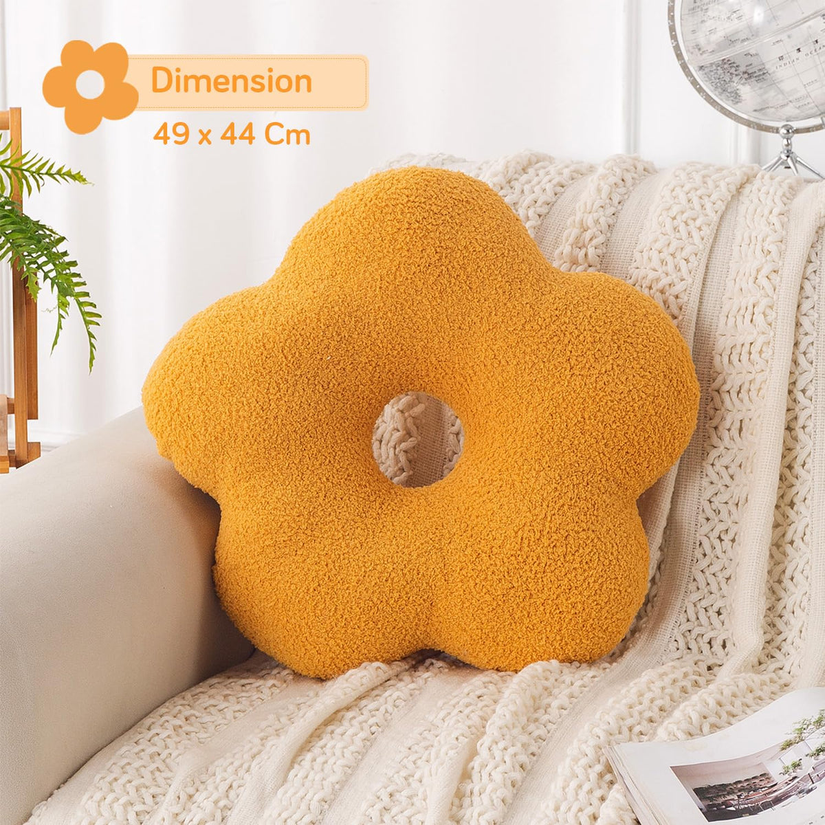 HOKIPO Flower Shaped Cushion for Sofa & Bed, 49 cm, Yellow