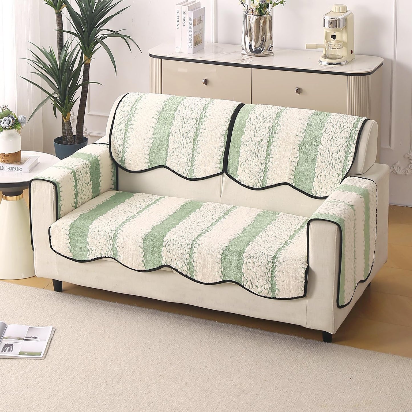 Luxury Sofa Cover Set | Seat, Back & Arm Covers | Anti-Slip Wavy Mat – Pistachio Green