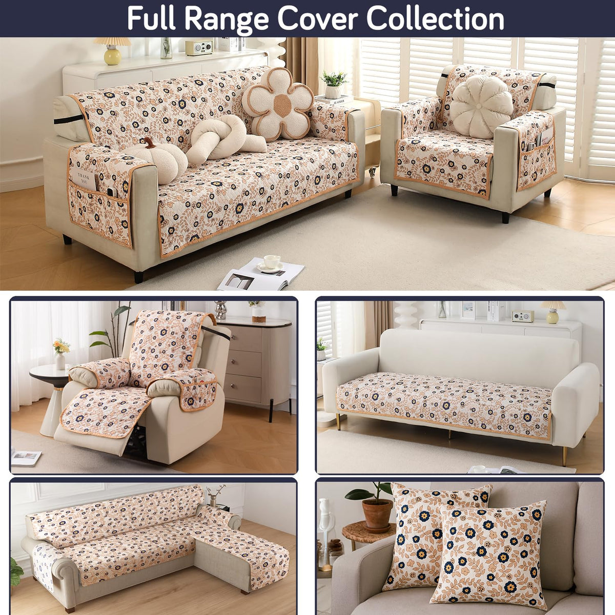 'Homehues' Printed Quilted Sofa Cover Mats,Light Peach Candytuft