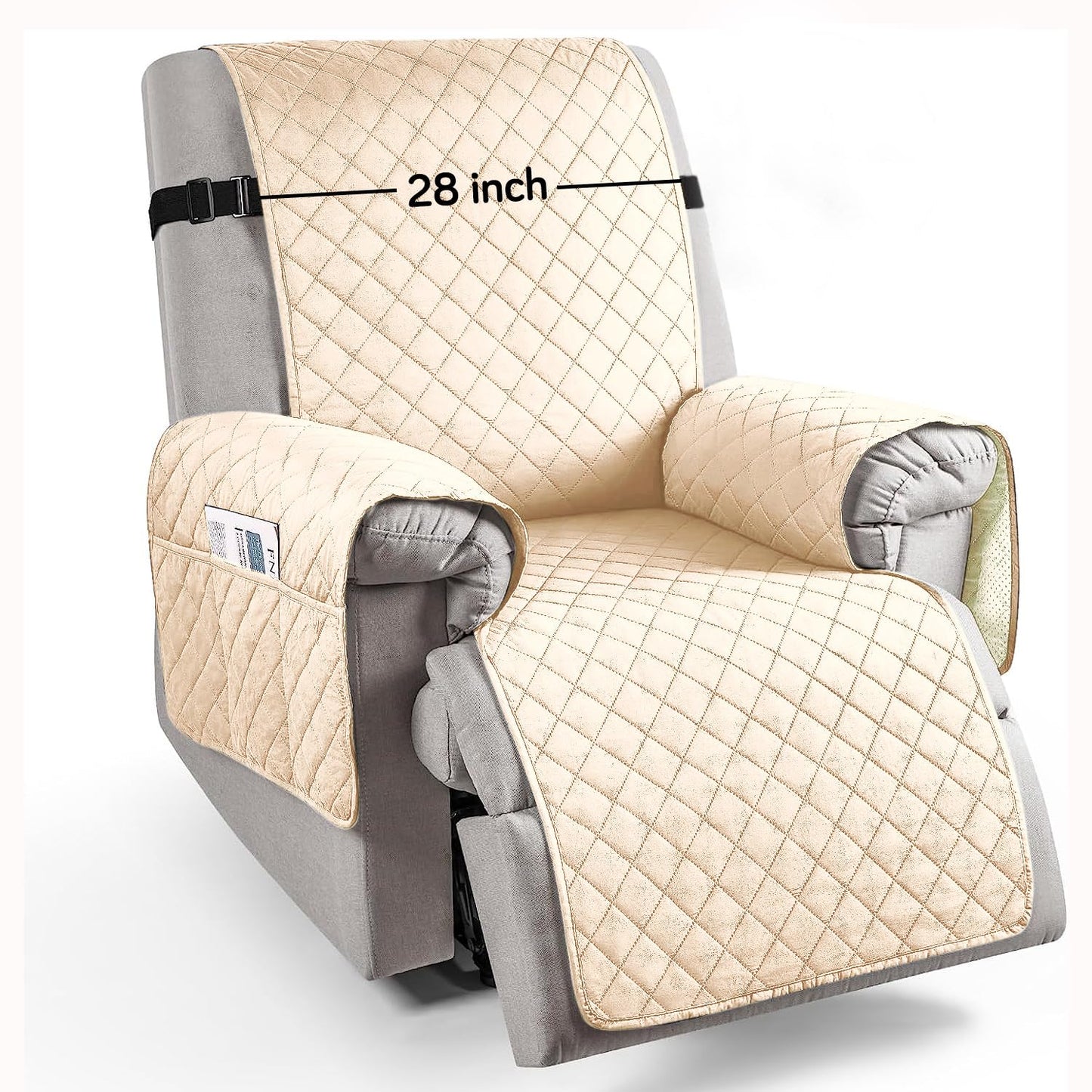 Quilted Recliner Chair Cover With Side Pockets for 1 Seater Sofa, Sand Brown