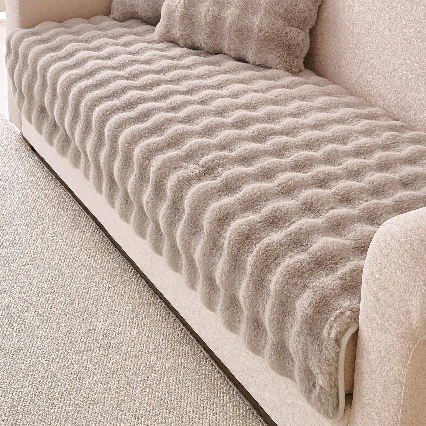 'FurHug' Premium Faux Rabbit Fur Sofa Seat Mats, Latte Brown