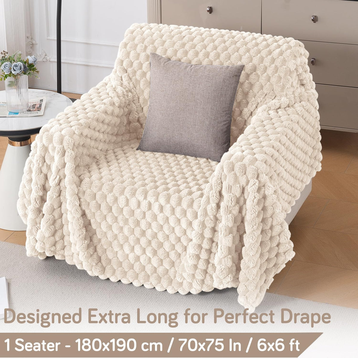 Luxury Rabbit Wool Plush Sofa Throw, Cream
