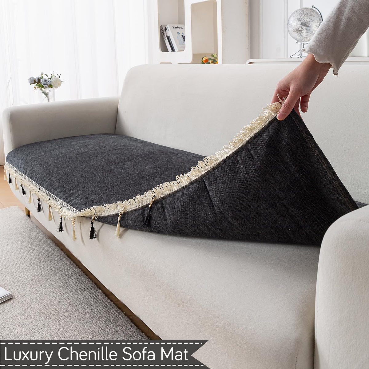 Serenity Tassel Chenille Sofa Cover with Tassel – Midnight Graphite