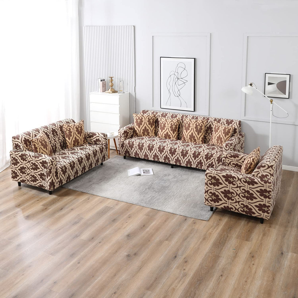 Beige Damask Printed elastic sofa cover sets for 1,2,3,4,5 & 7 seater sofas