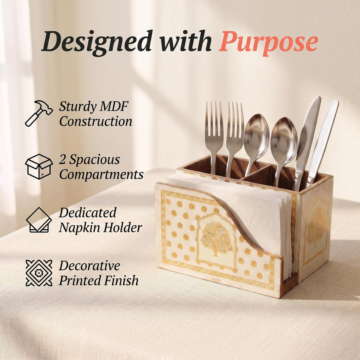 HOKIPO Cutlery Holder with Napkin Stand, Engineered Wood, Swarna Vriksha - image 2