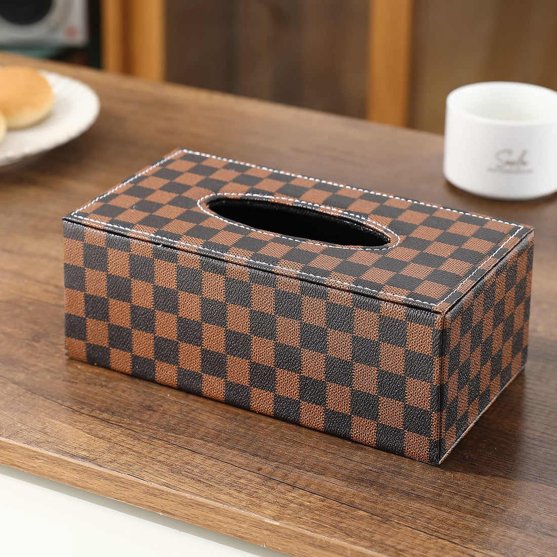 buy Leatherette Tissue Holder, Brown Checks