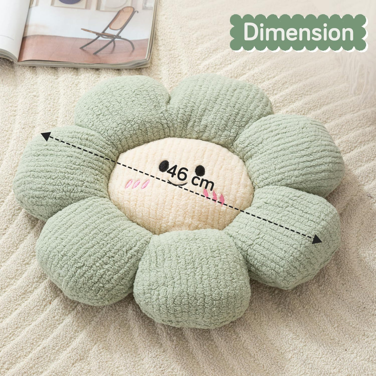 HOKIPO Cute Flower Plush Pillow | Soft Smiley Face Throw Cushion for Sofa, Couch & Bed | Fluffy Floral Pillow for Kids Room, Nursery & Home Décor | 46 cm, Sage Green (AR-6729-SGRN)