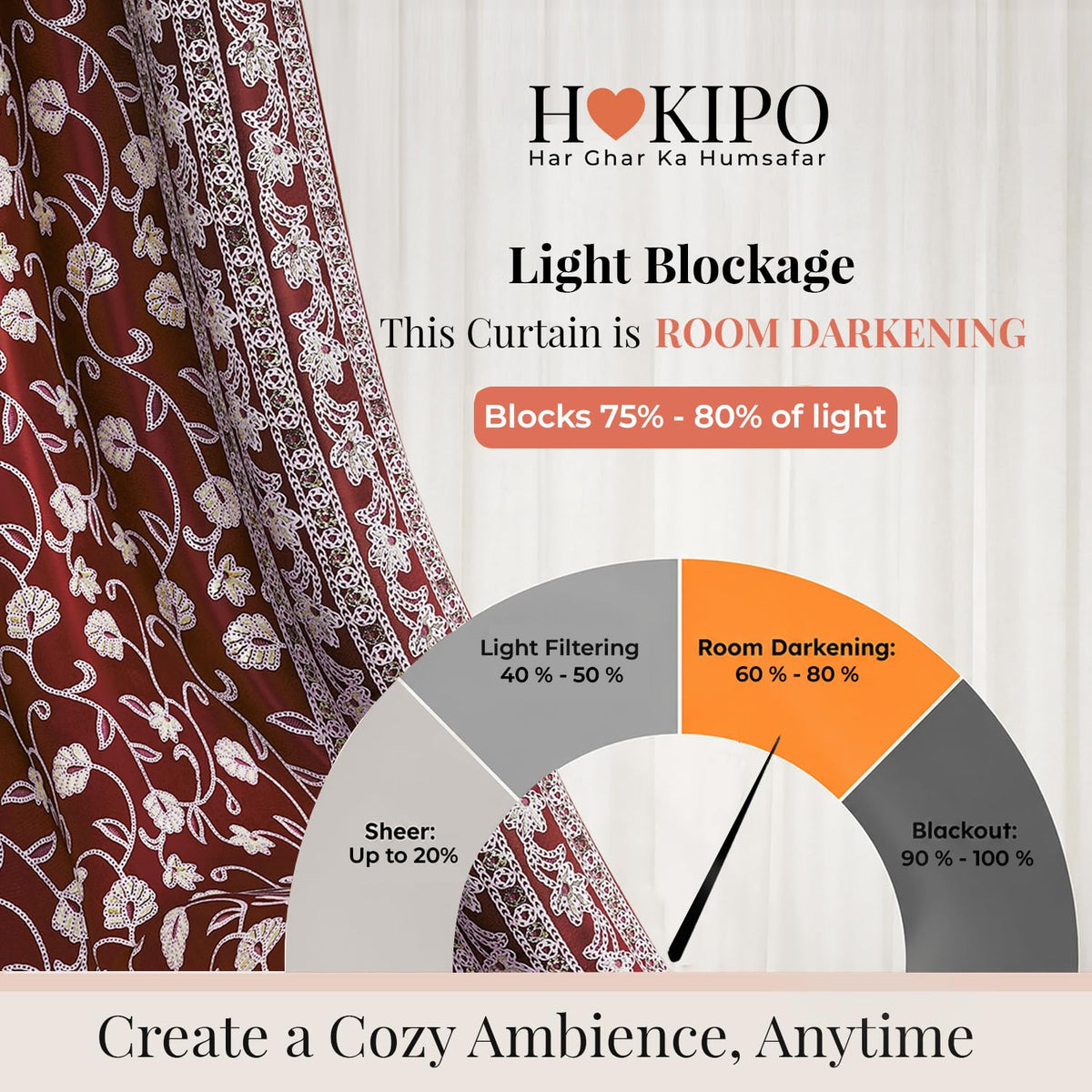 HOKIPO Shahi Bagh Eyelet Curtains, 7 Feet Long - Maroon - image 5