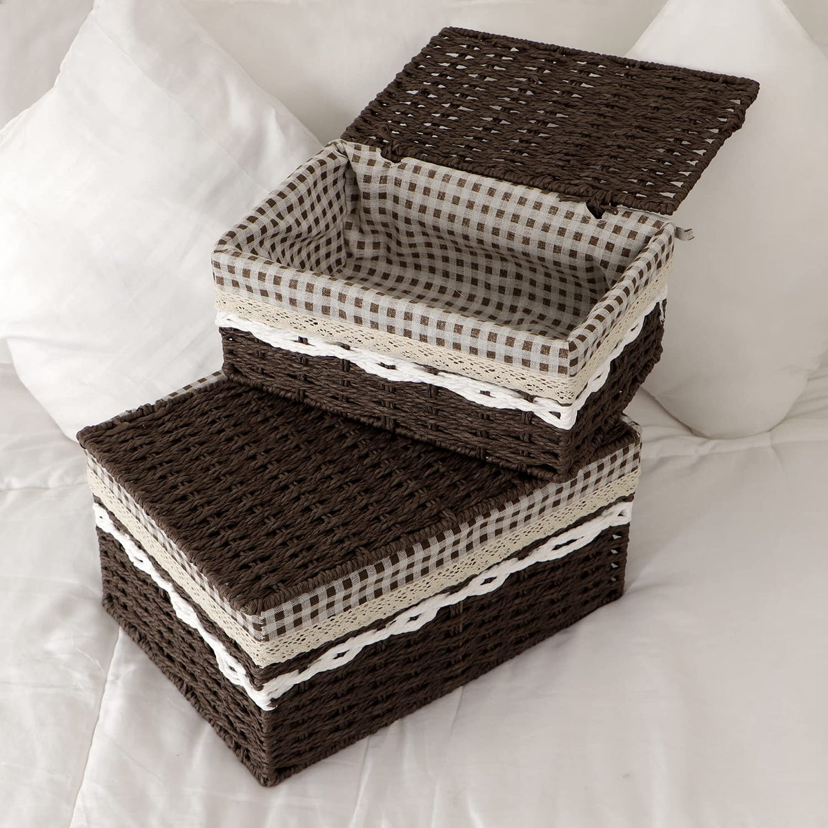 Environmental Friendly Paper Rope Wicker Storage Baskets with lid, Pack of 2, Brown