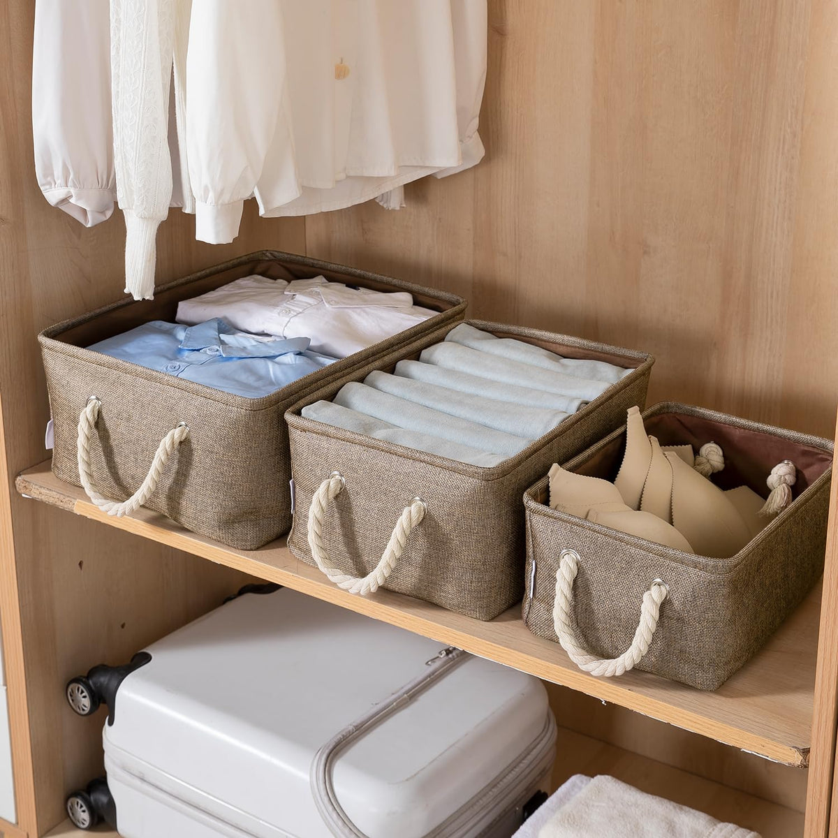 Jute Eco-Friendly Foldable Clothes Storage Basket Bin Organizer, Set Of 2, Large, Coffee Brown