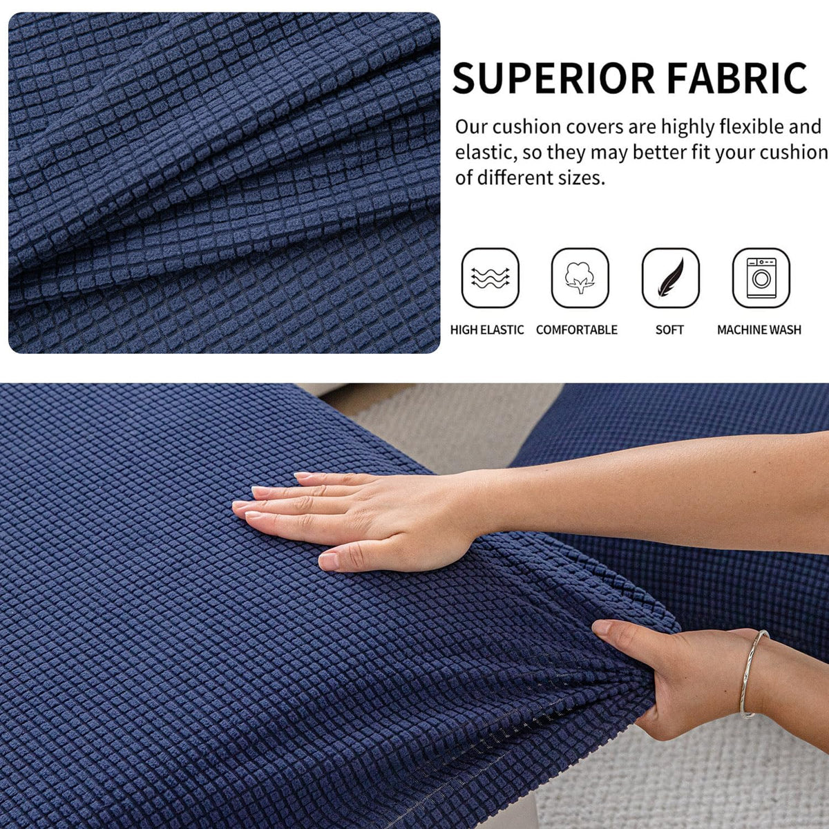 Stretchable Thick Jacquard Textured Seat Cushion Cover for 1/2/3 Seaters / Pieces for Sofa, Navy Blue