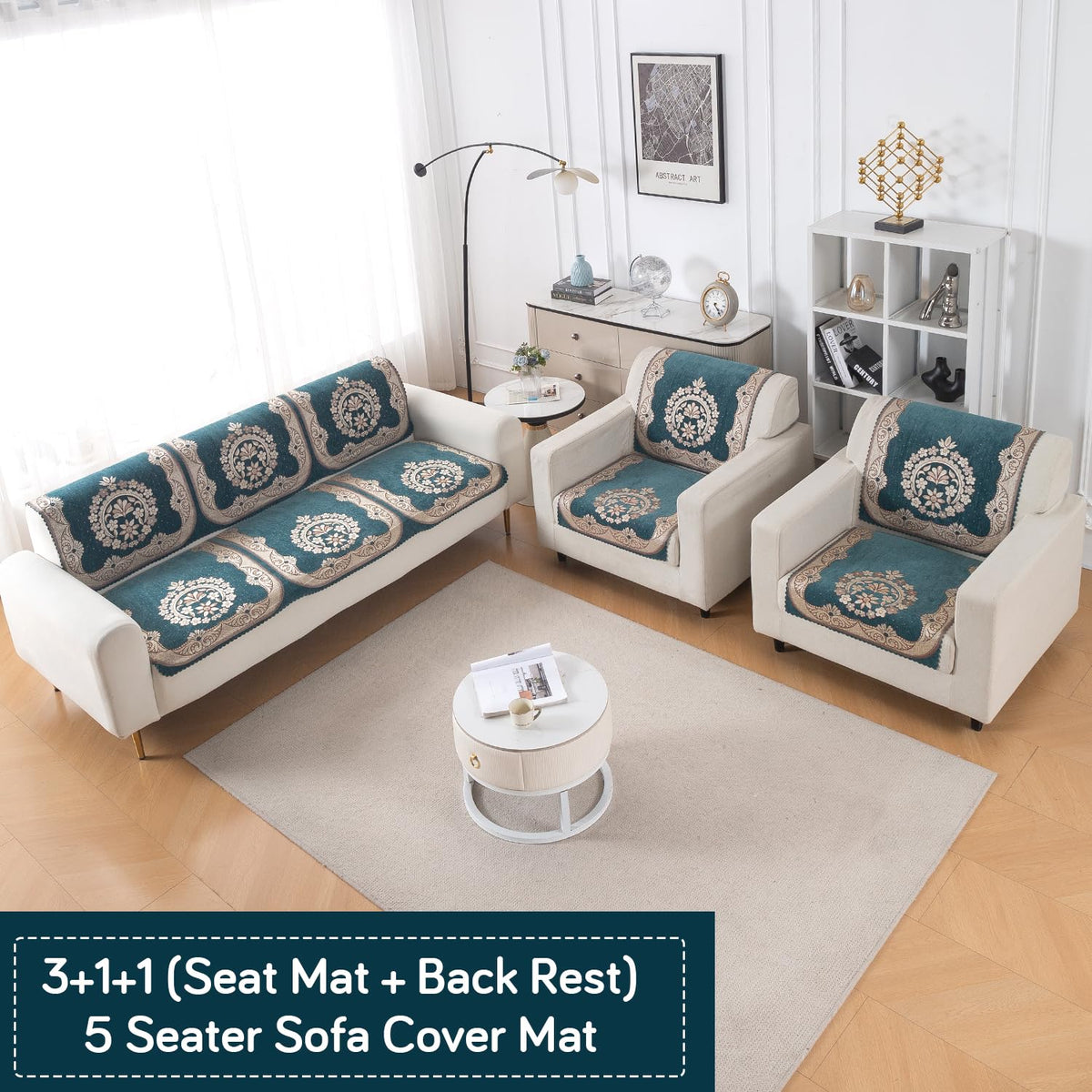 Royal Aangan Premium Chenille Jacquard Sofa Cover 5 Seater Set 3+1+1 Sofa Cover for Seat & Back, Shahi Teal