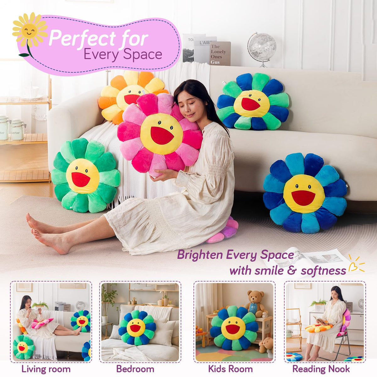HOKIPO Smiley Sunflower Cushion for Sofa & Bed, 45 cm, Purple