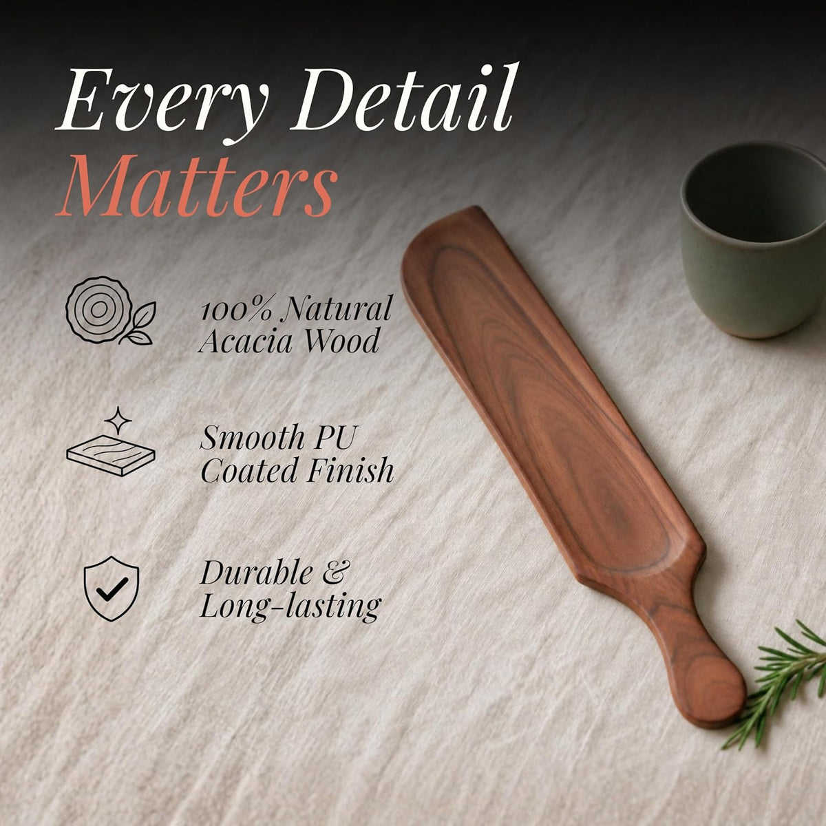 HOKIPO Arbor Acacia Wood Long Serving Platter with Handle, 46.5 x 8.5 cm - image 3