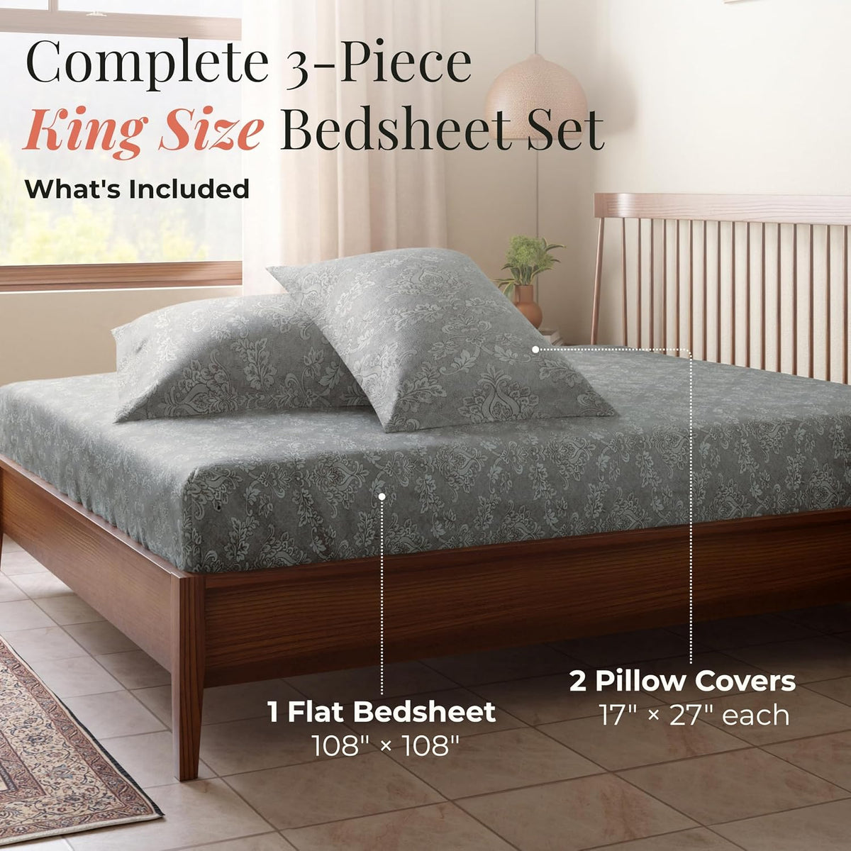 HOKIPO King Size Cotton Bedsheet, 2 Pillow Covers, Reversible, Sage Green - image 7