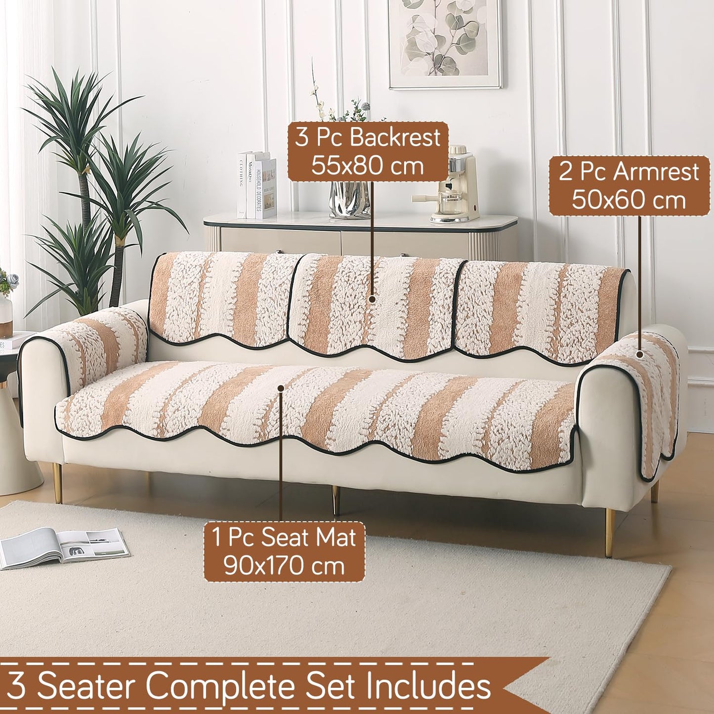 Luxury Sofa Cover Set | Seat, Back & Arm Covers | Anti-Slip Wavy Mat – Desert Brown