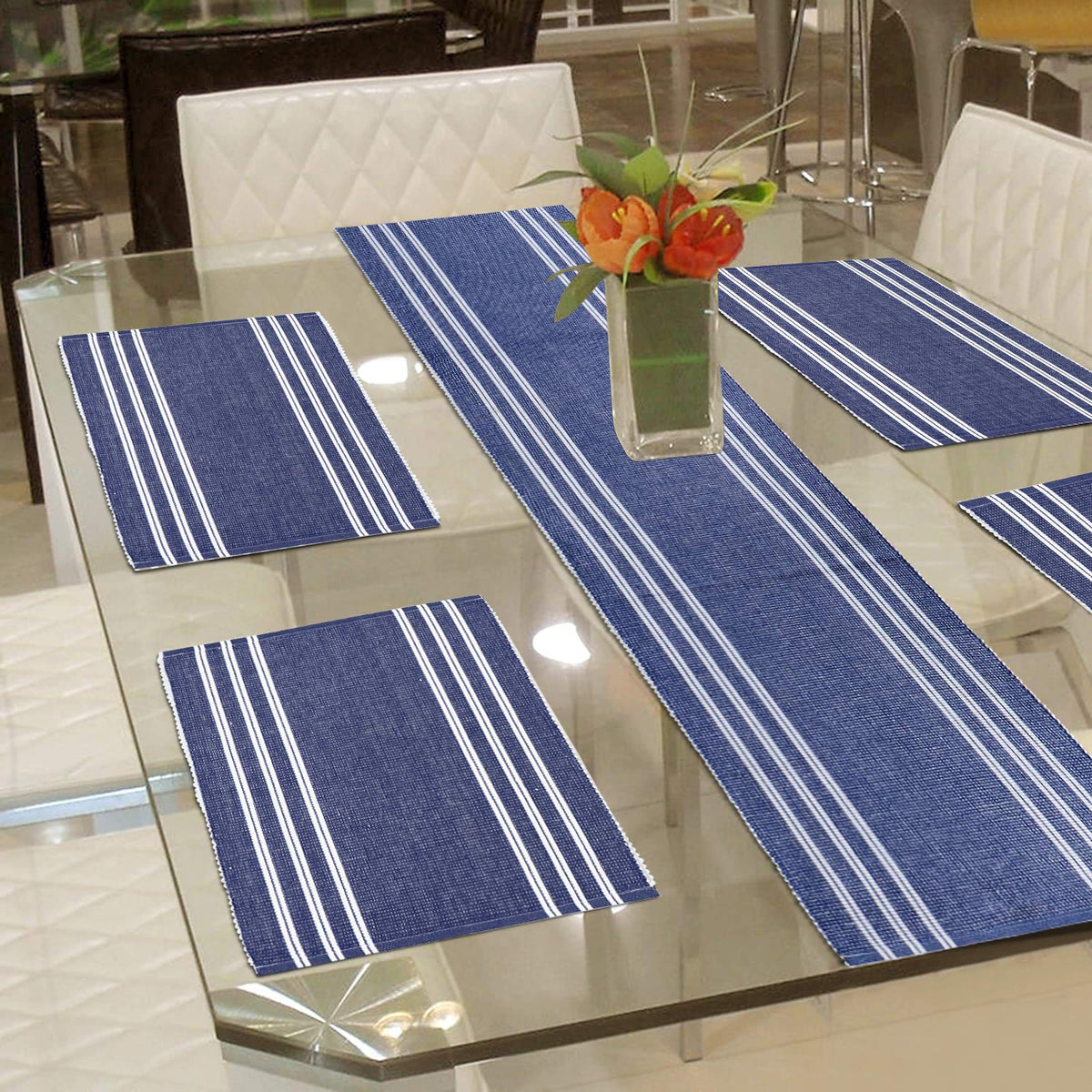 Ribbed Cotton Heat Resistant Dining Table Mat, Blue