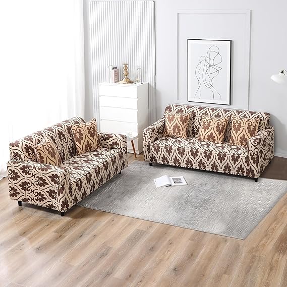 Elastic Stretchable Printed Sofa Cover, Beige Damask