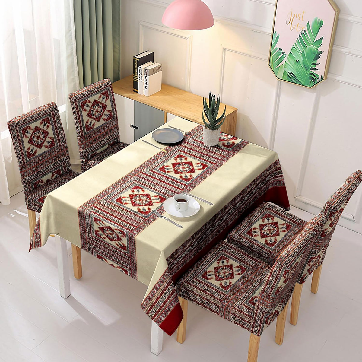 Polyester Dining Chair Covers Set of 4/6 with Matching Tablecloth, Tribal Maroon