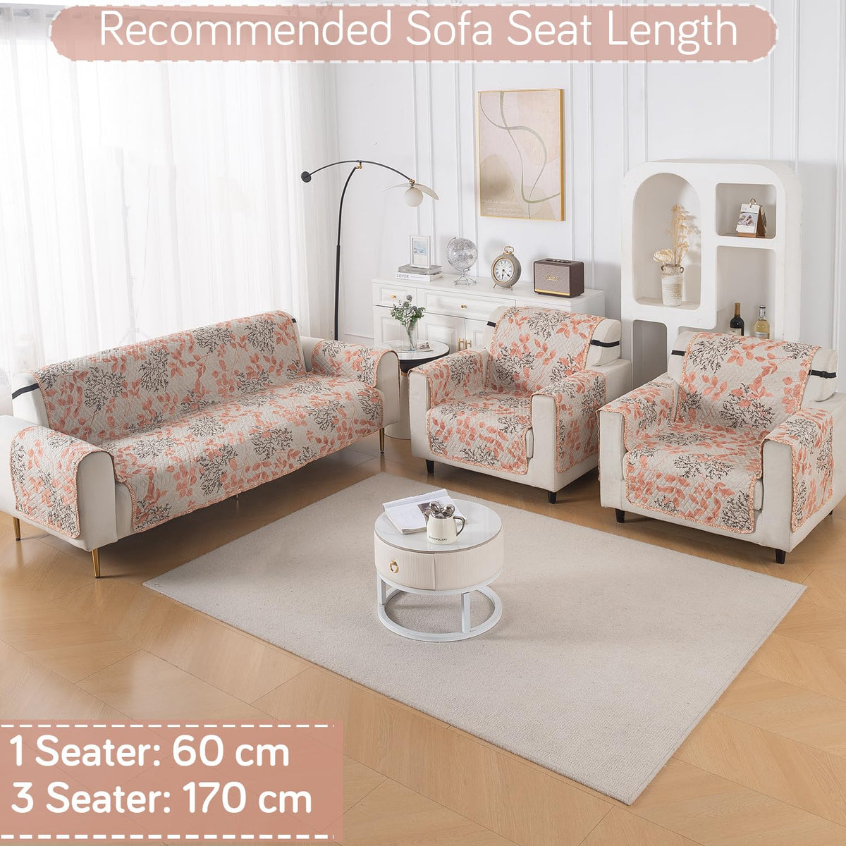 Easy Drape Reversible Quilted 5-Seater Sofa Cover (3+1+1), Peach Leaves