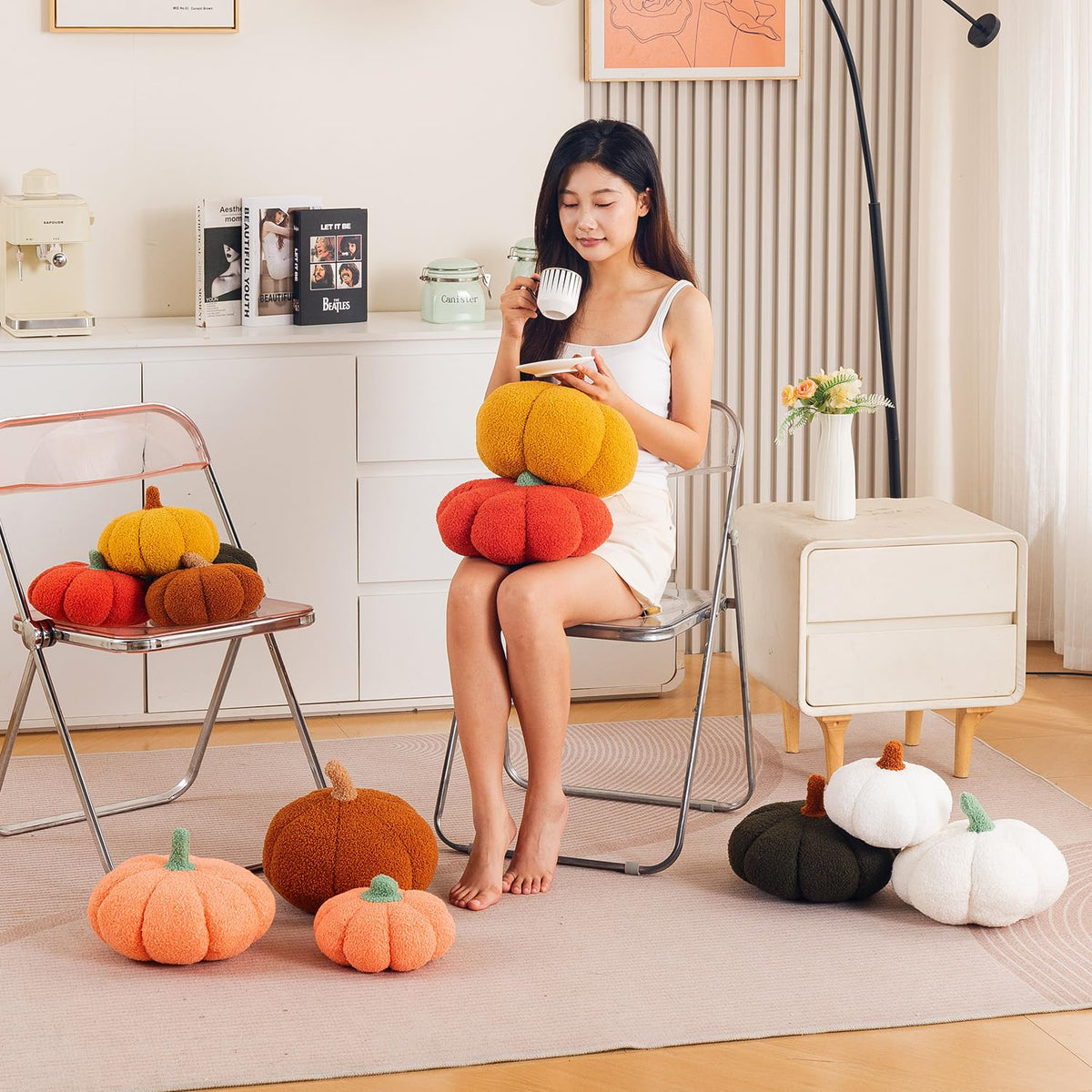 HOKIPO Pumpkin Shaped Plush Cushion for Autumn Decor, 19 cm, Yellow