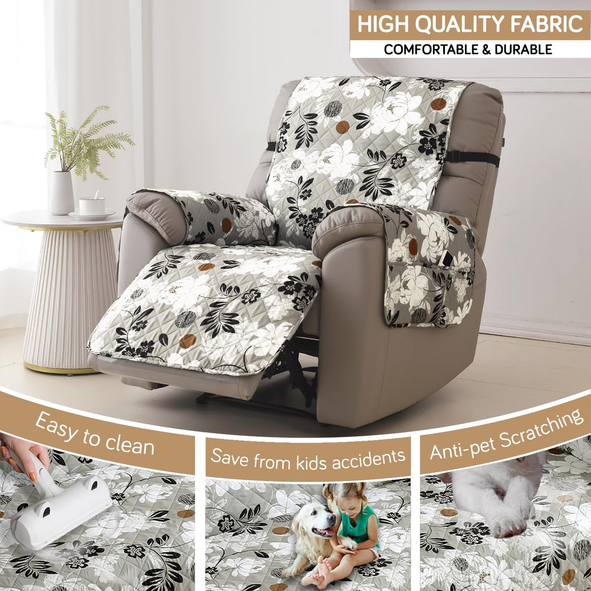 Water Repellent & Waterproof Quilted Recliner Sofa Cover for Small / Large - Feather Brown Floral
