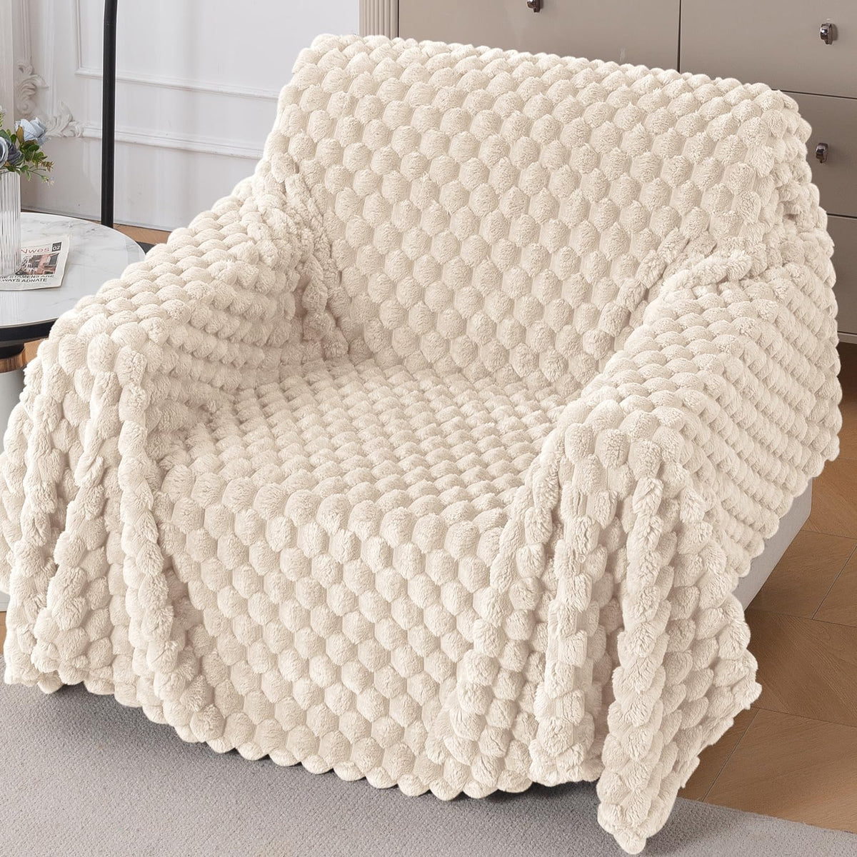 Luxury Rabbit Wool Plush Sofa Throw, Cream